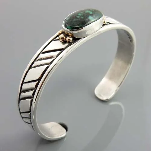 Sterling Silver Two Toned Green Spiderweb Turquoise Cuff Bracelet