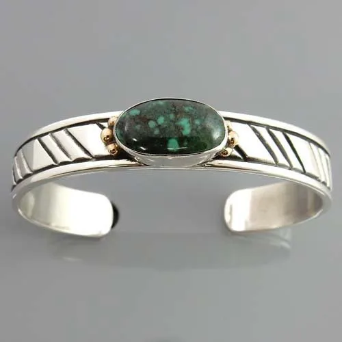 Sterling Silver Two Toned Green Spiderweb Turquoise Cuff Bracelet