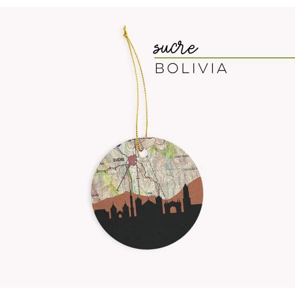 Sucre, Bolivia city skyline with vintage Sucre map