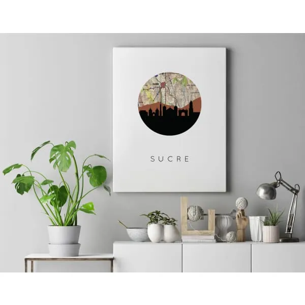 Sucre, Bolivia city skyline with vintage Sucre map