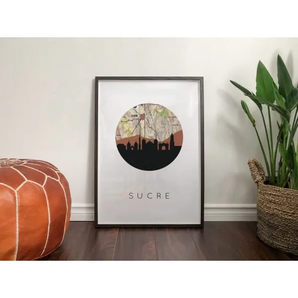 Sucre, Bolivia city skyline with vintage Sucre map
