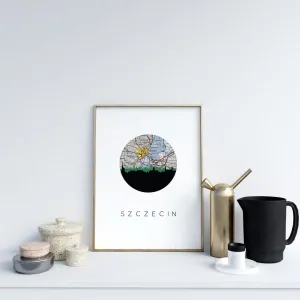 Szczecin, Poland city skyline with vintage Szczecin map