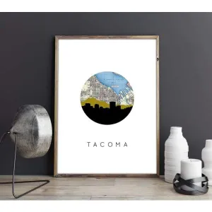 Tacoma, Washington city skyline with vintage Tacoma map