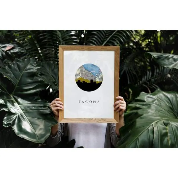 Tacoma, Washington city skyline with vintage Tacoma map