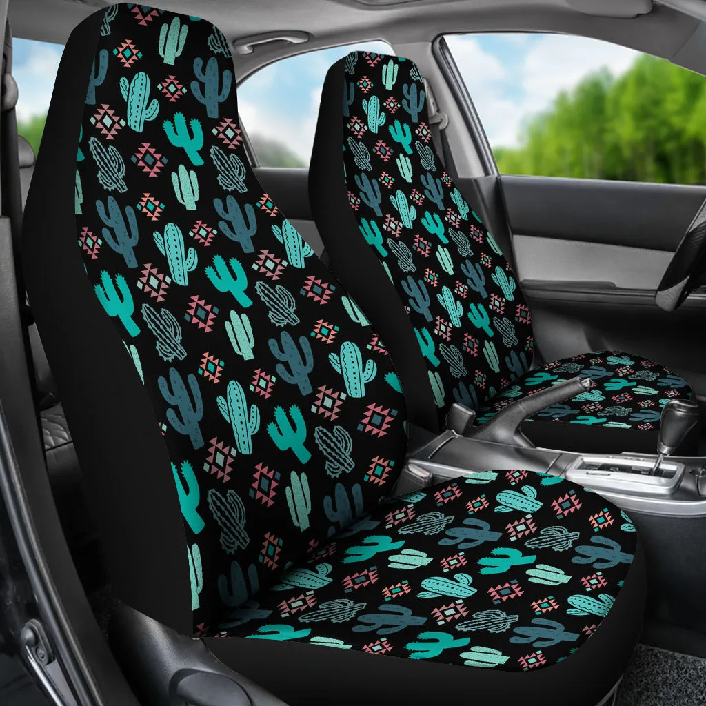 Teal and Pink Cactus Desert Pattern on Black Car Seat Covers Set