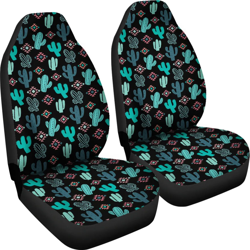 Teal and Pink Cactus Desert Pattern on Black Car Seat Covers Set