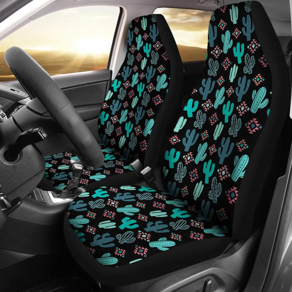Teal and Pink Cactus Desert Pattern on Black Car Seat Covers Set