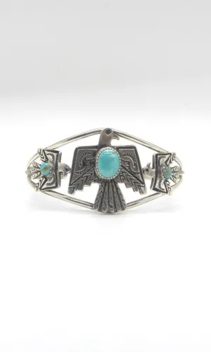 THUNDERBIRD Native American Sterling Silver & Turquoise Thunderbird Cuff Signed Sterling GRHE H