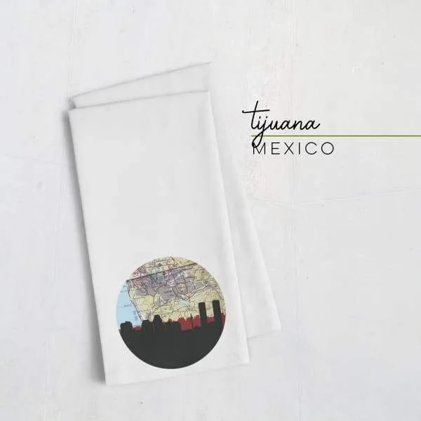 Tijuana, Mexico city skyline with vintage Tijuana map