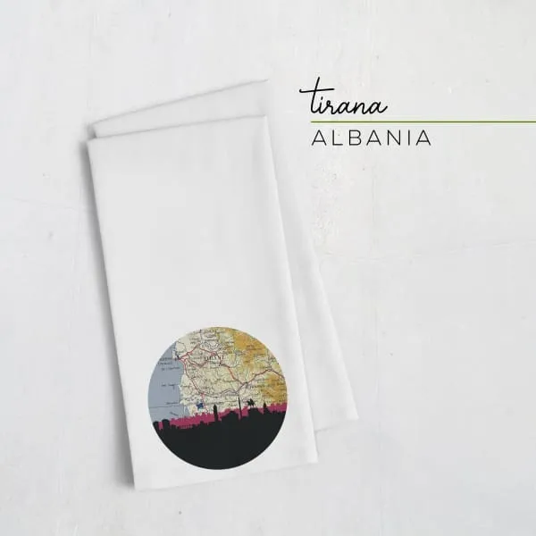Tirana, Albania city skyline with vintage Tirana map