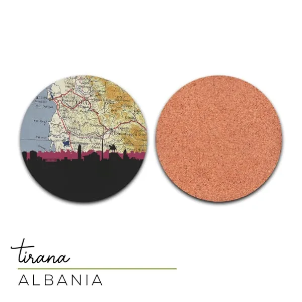 Tirana, Albania city skyline with vintage Tirana map