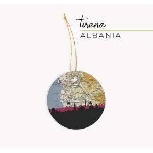 Tirana, Albania city skyline with vintage Tirana map