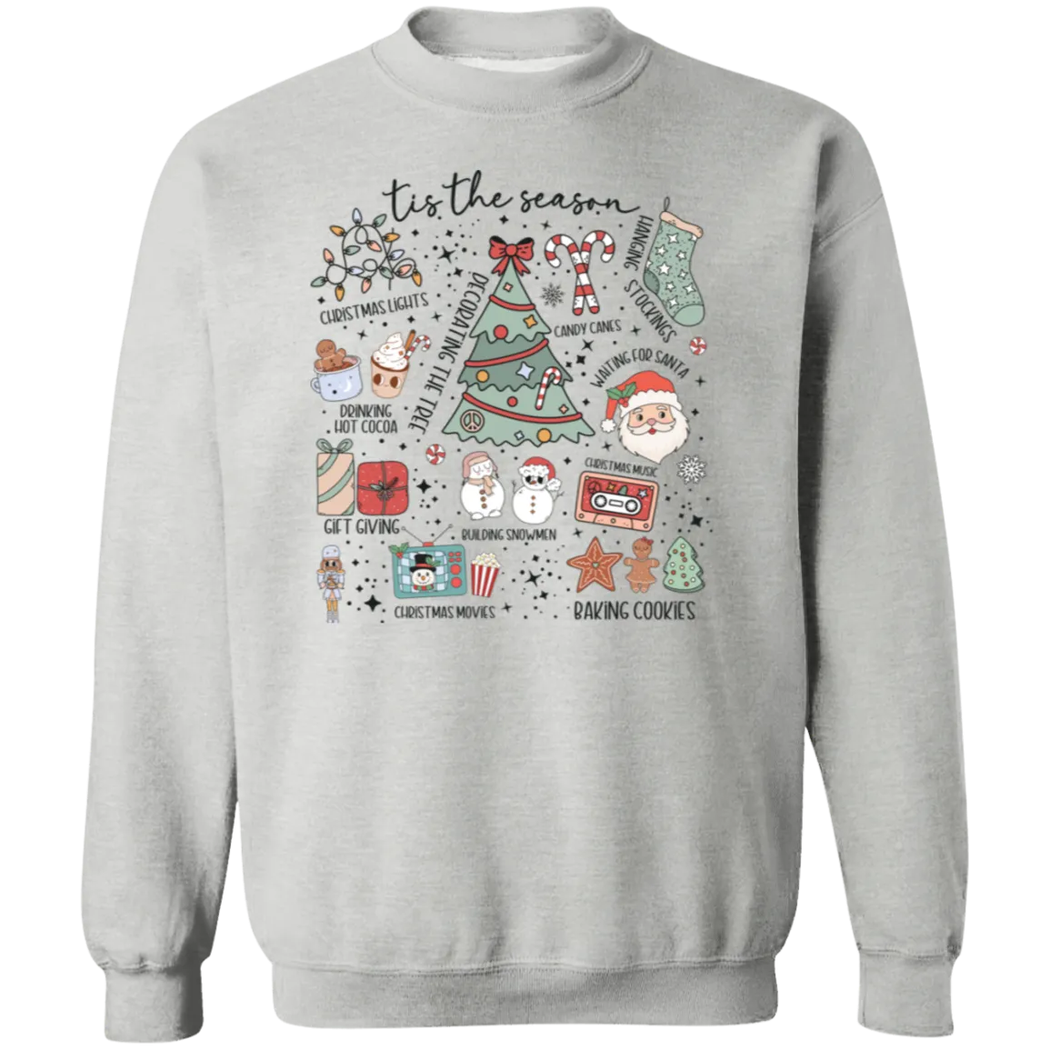 'Tis the Season Retro Christmas Sweatshirt – Gildan Crewneck with Vintage Holiday Icons