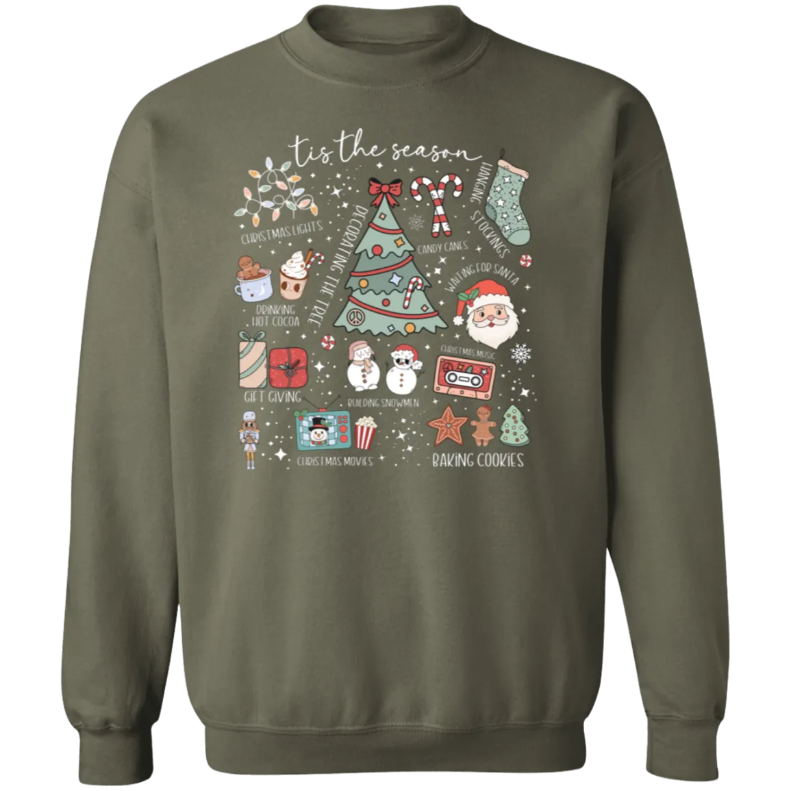 'Tis the Season Retro Christmas Sweatshirt – Gildan Crewneck with Vintage Holiday Icons