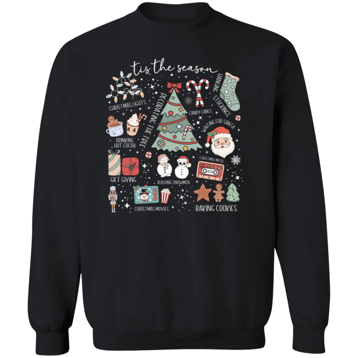 'Tis the Season Retro Christmas Sweatshirt – Gildan Crewneck with Vintage Holiday Icons