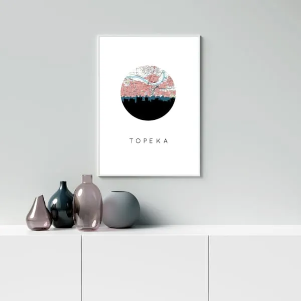 Topeka, Kansas city skyline with vintage Topeka map