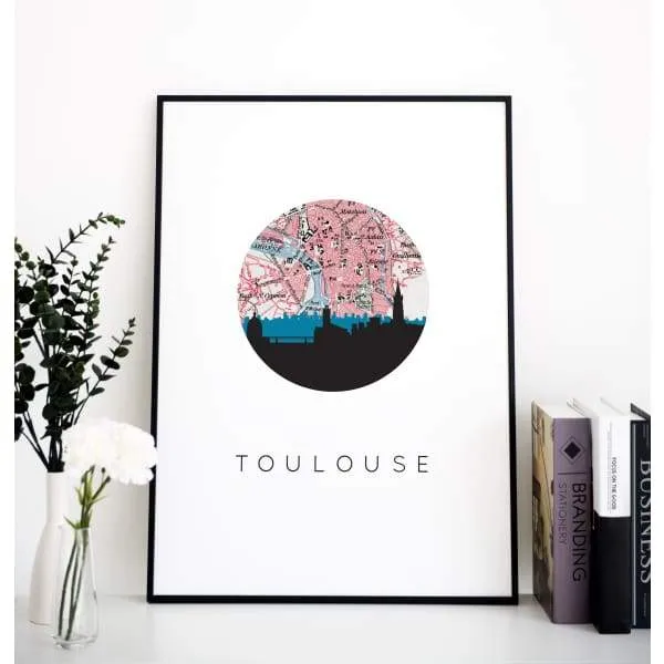 Toulouse city skyline with vintage Toulouse map