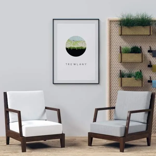 Trewlaney city skyline with vintage Trewlaney map