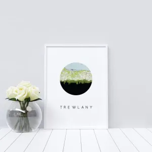 Trewlaney city skyline with vintage Trewlaney map