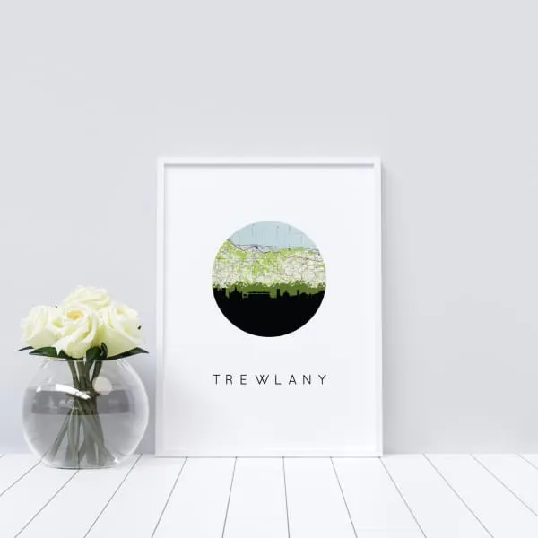 Trewlaney city skyline with vintage Trewlaney map