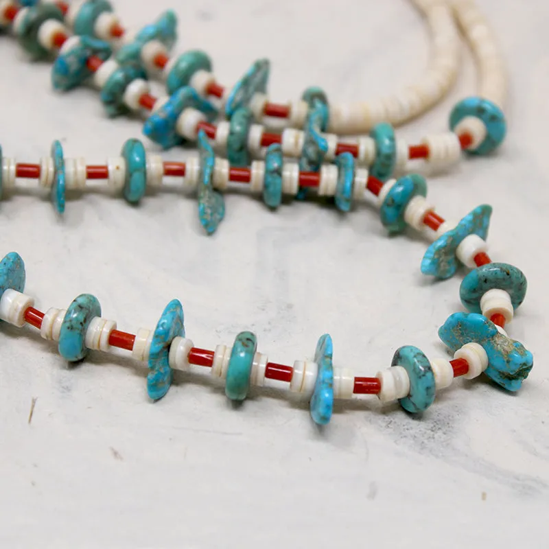 Turquoise Tabs, Coral Tubes & Shell Heishi Bead Necklace