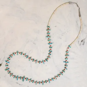 Turquoise Tabs, Coral Tubes & Shell Heishi Bead Necklace