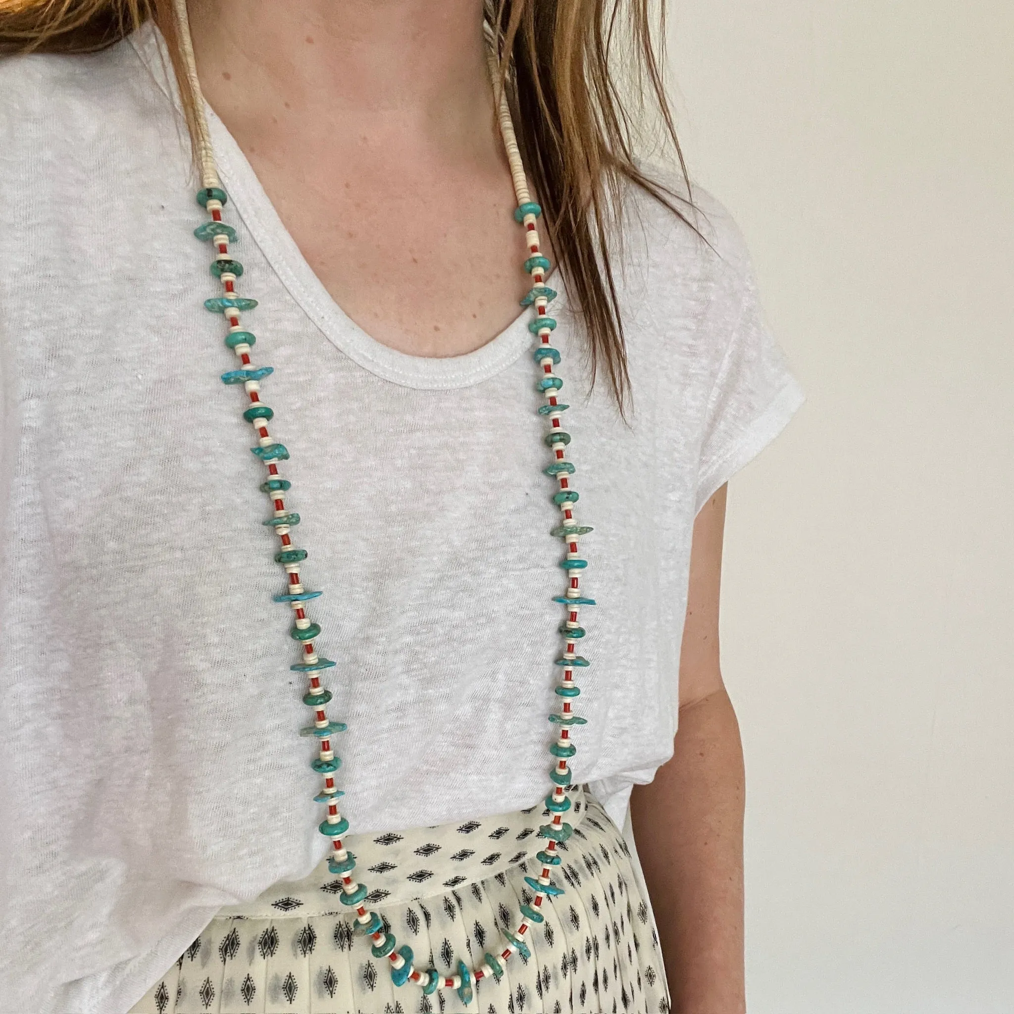 Turquoise Tabs, Coral Tubes & Shell Heishi Bead Necklace