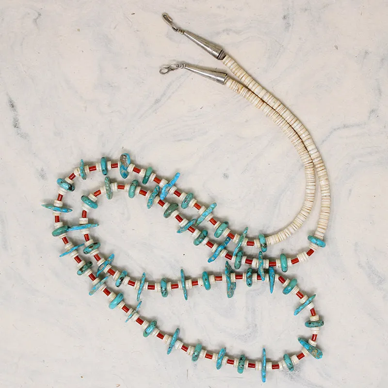 Turquoise Tabs, Coral Tubes & Shell Heishi Bead Necklace