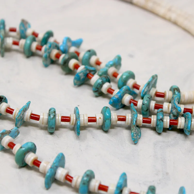 Turquoise Tabs, Coral Tubes & Shell Heishi Bead Necklace
