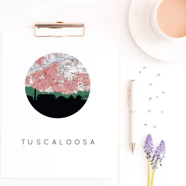 Tuscaloosa, Alabama city skyline with vintage Tuscaloosa map