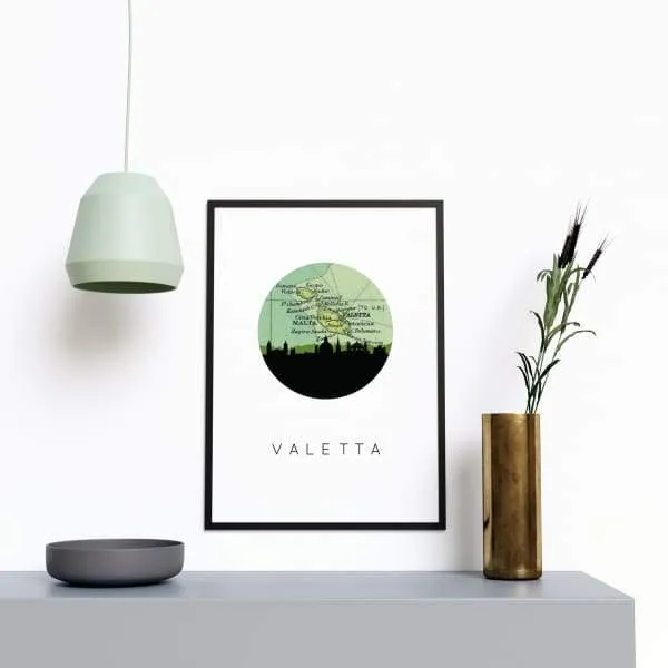 Valletta, Malta city skyline with vintage Valletta map