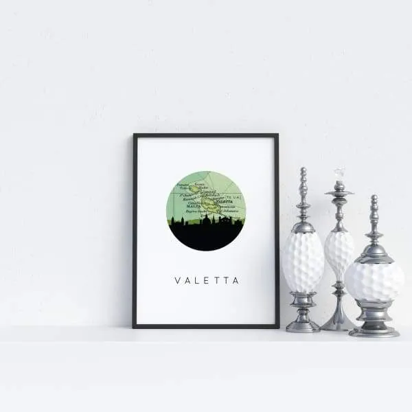 Valletta, Malta city skyline with vintage Valletta map