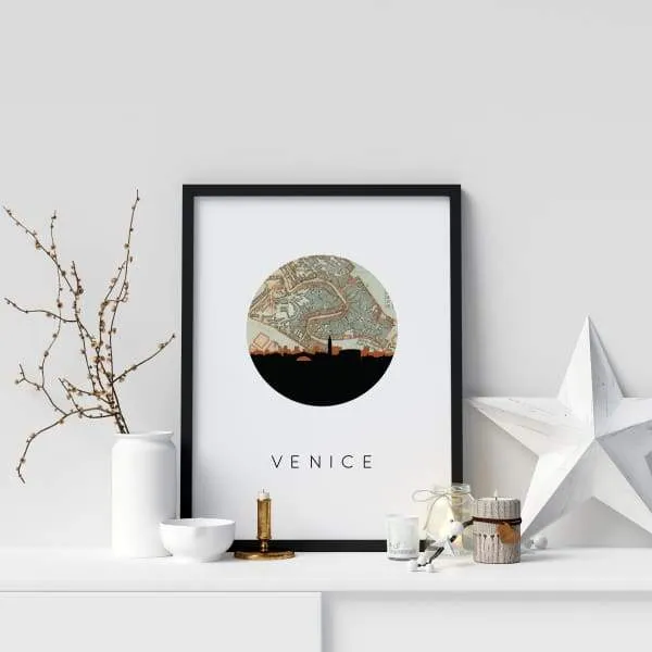 Venice city skyline with vintage Venice map