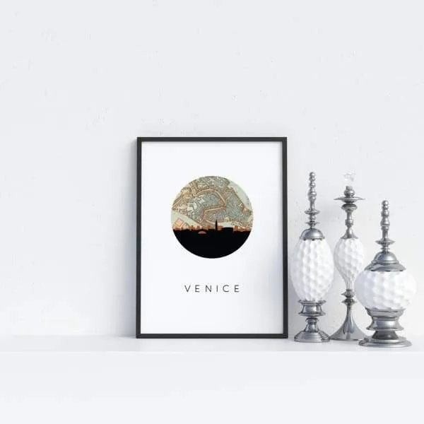 Venice city skyline with vintage Venice map
