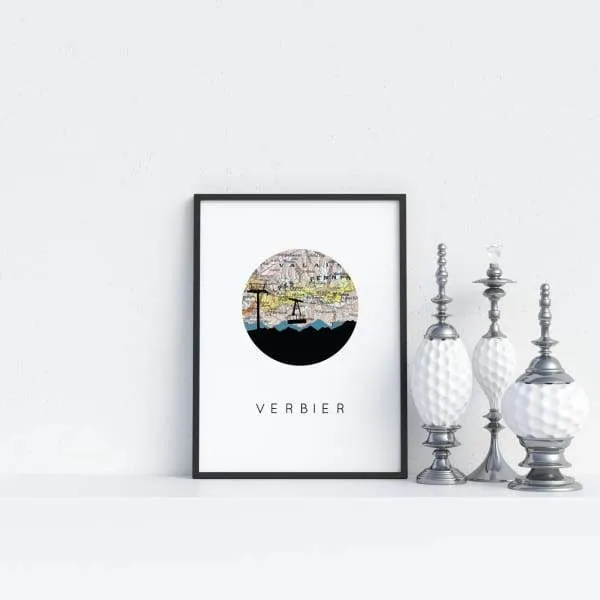 Verbier city skyline with vintage Verbier map