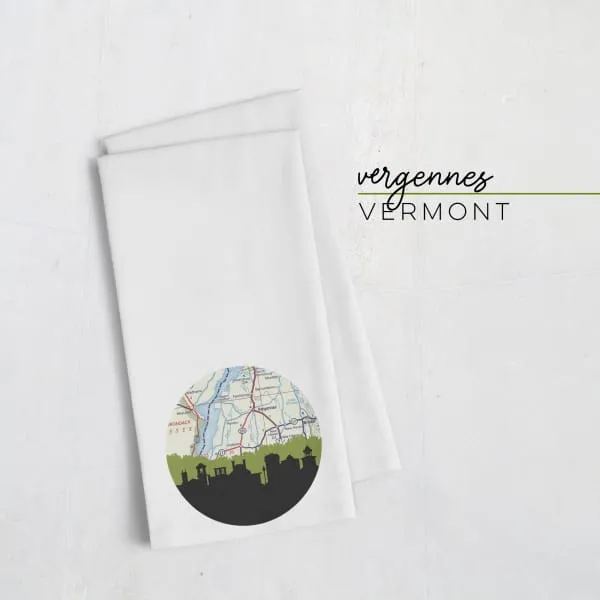 Vergennes, Vermont city skyline with vintage Vergennes map