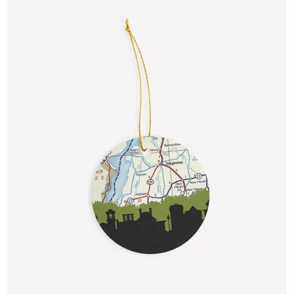 Vergennes, Vermont city skyline with vintage Vergennes map