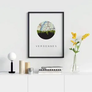 Vergennes, Vermont city skyline with vintage Vergennes map