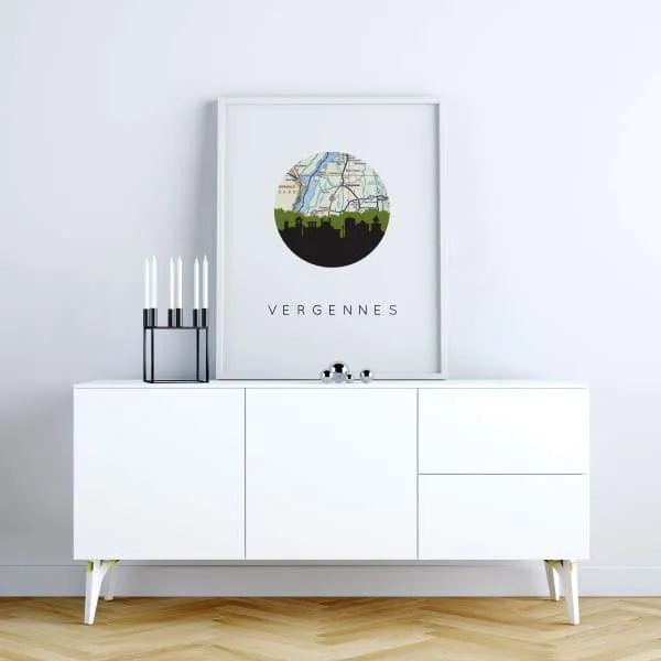 Vergennes, Vermont city skyline with vintage Vergennes map