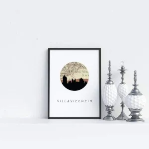 Villavicencio, Colombia city skyline with vintage Villavicencio map