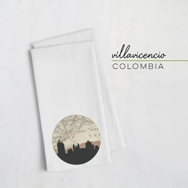 Villavicencio, Colombia city skyline with vintage Villavicencio map