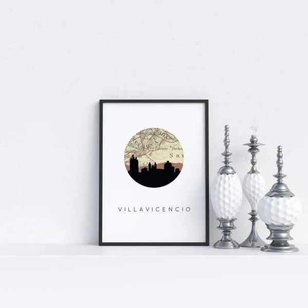 Villavicencio, Colombia city skyline with vintage Villavicencio map