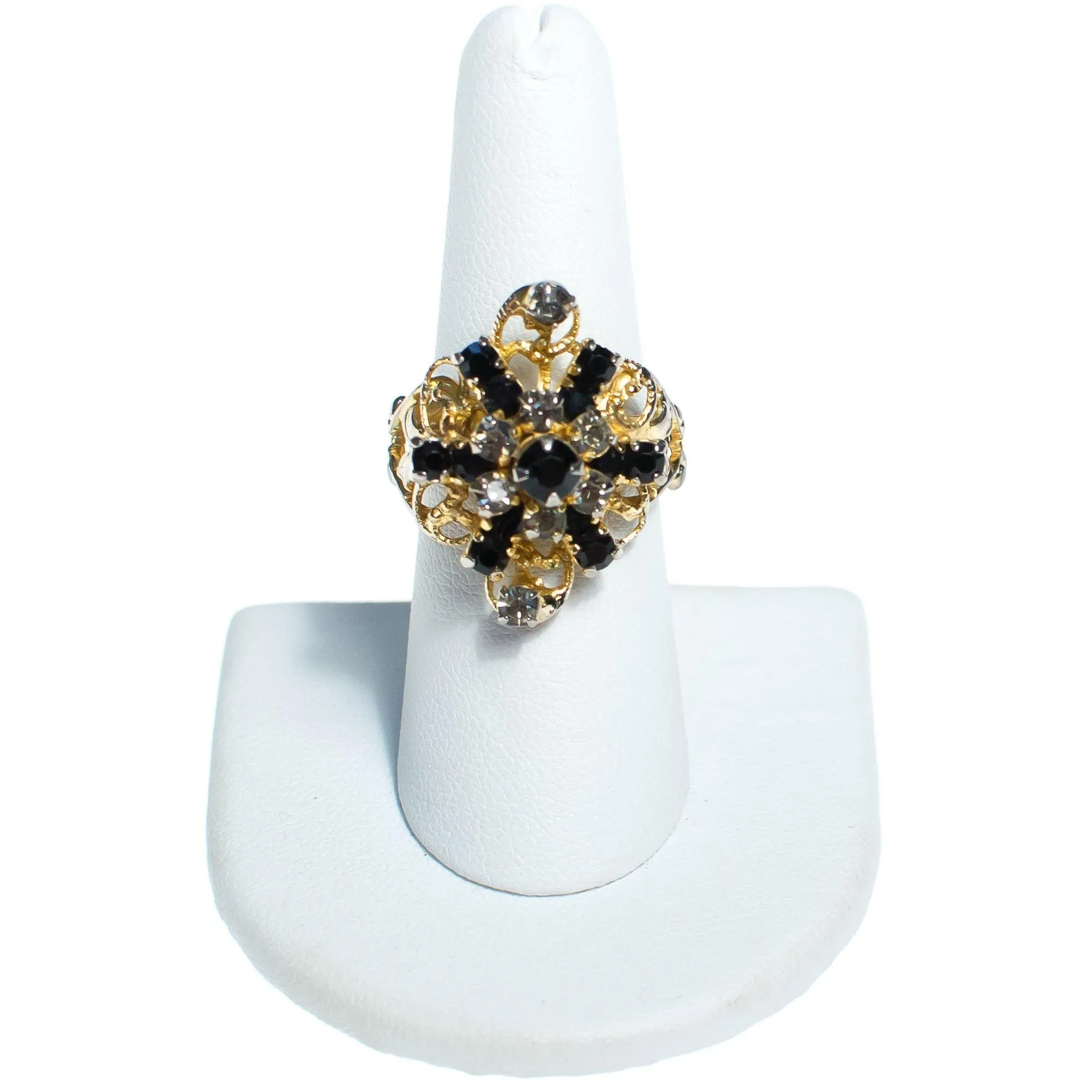 Vintage 1950s Jet and Smoke Diamante Rhinestone Cocktail Statement Ring