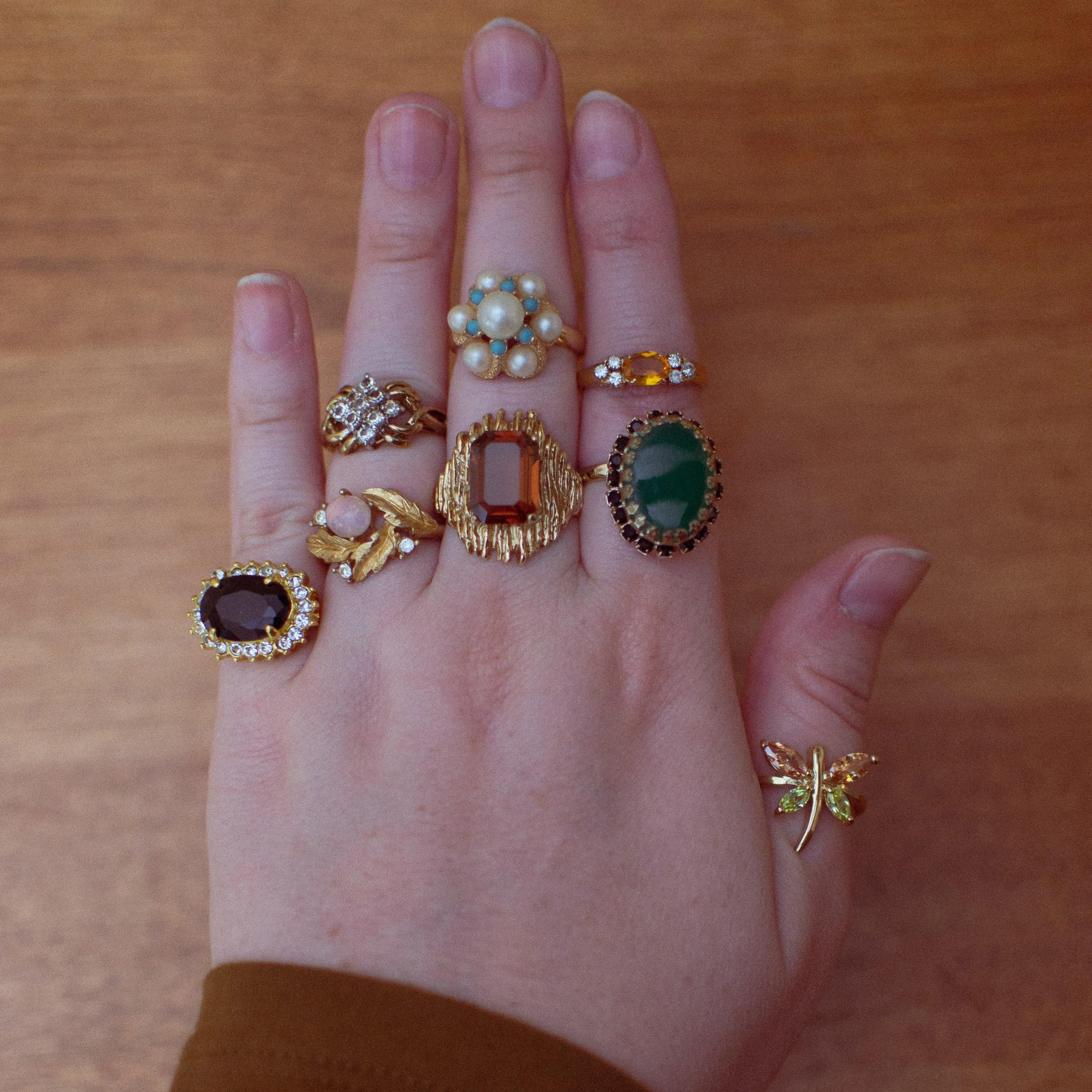 Vintage 1960s Jade Glass and Jet Rhinestone Cocktail Statement Ring