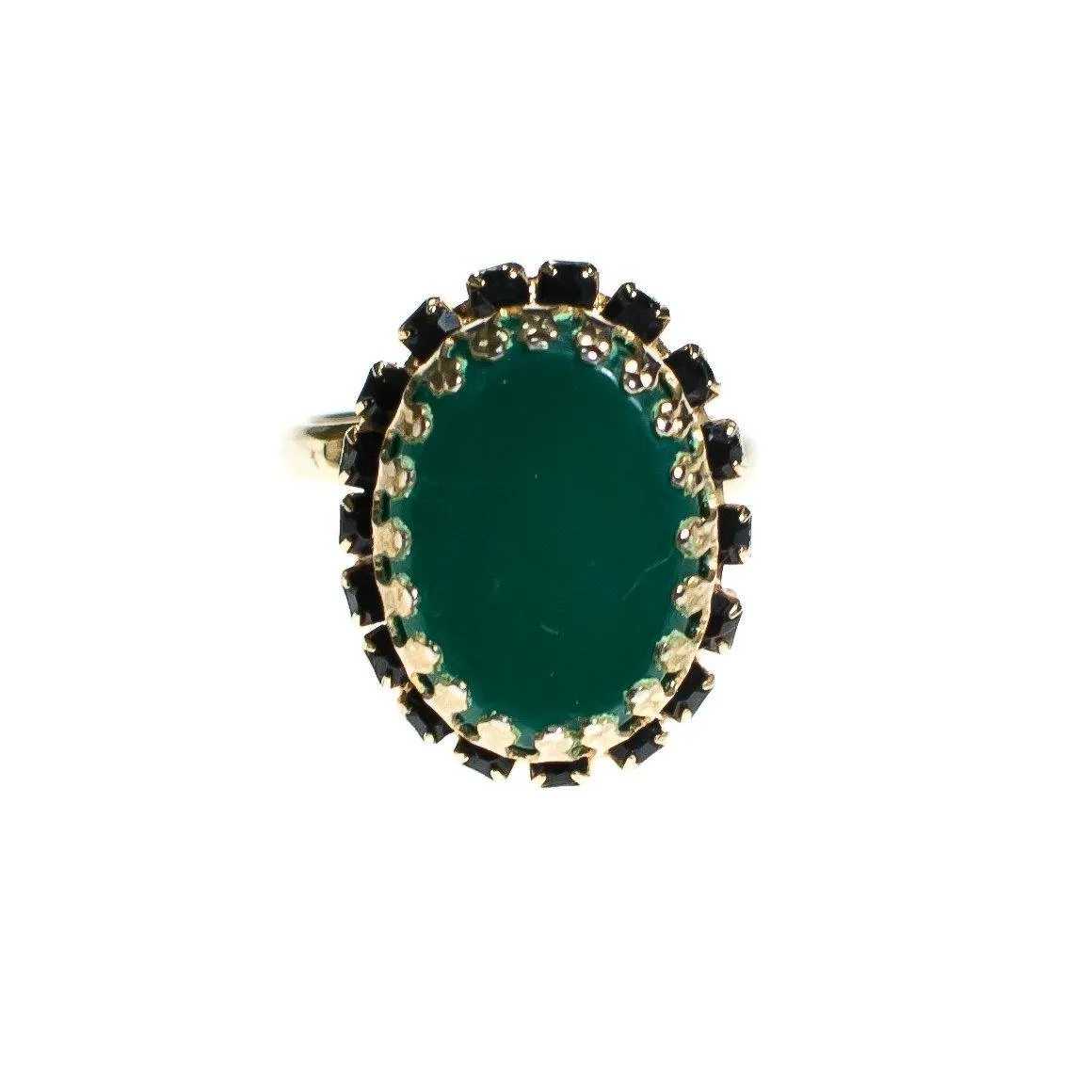 Vintage 1960s Jade Glass and Jet Rhinestone Cocktail Statement Ring