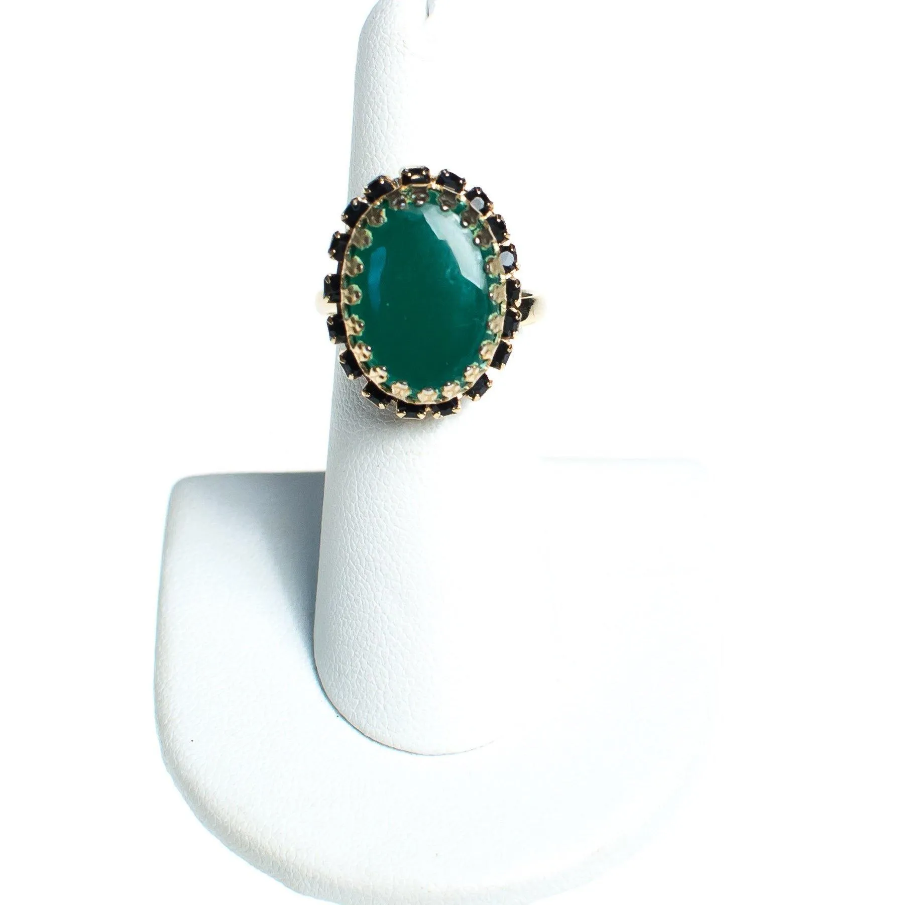 Vintage 1960s Jade Glass and Jet Rhinestone Cocktail Statement Ring