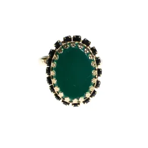 Vintage 1960s Jade Glass and Jet Rhinestone Cocktail Statement Ring