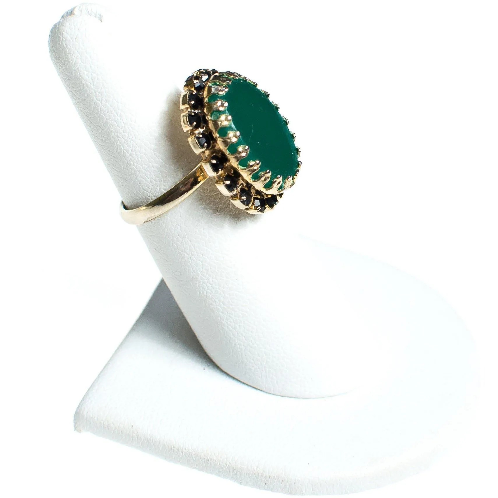Vintage 1960s Jade Glass and Jet Rhinestone Cocktail Statement Ring
