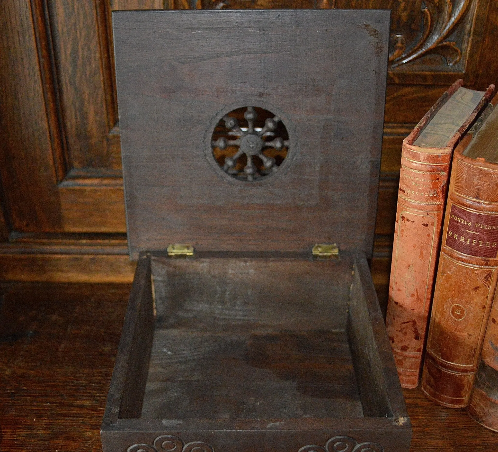 Vintage French Carved Wood Breton Jewelry Storage Box