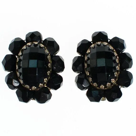 Vintage Jet Black Crystal Beaded Earring Clip On